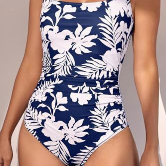 Floral Navy and White One-Piece Swimsuit - Picture 1 of 3